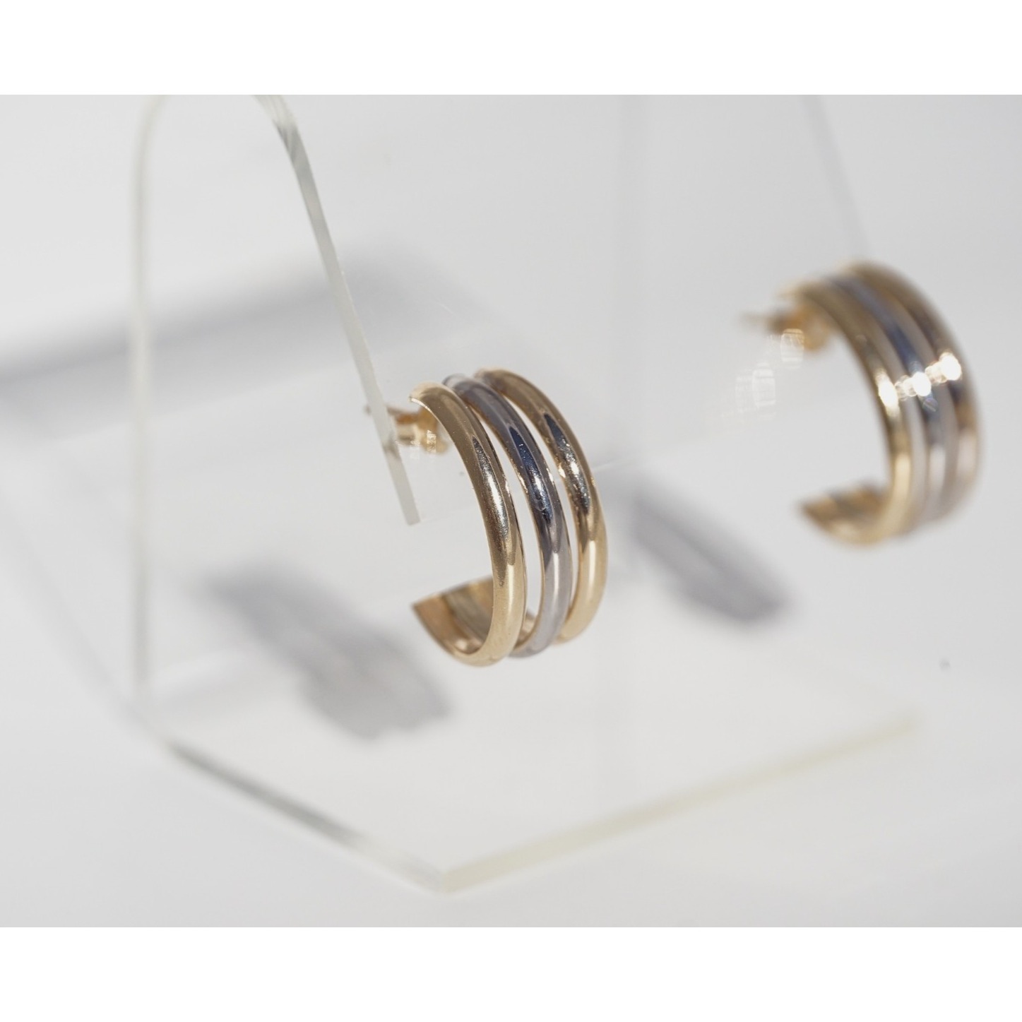 Vintage 14k Solid White Yellow Gold Two Toned Hoop Huggies Earrings  Polished